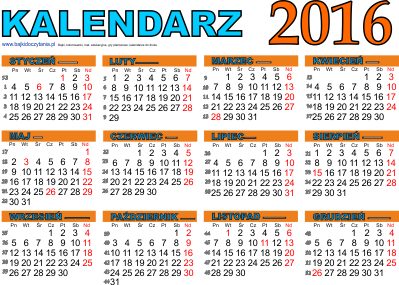 Kalendarz poziomy 2016 z numeracją tygodni