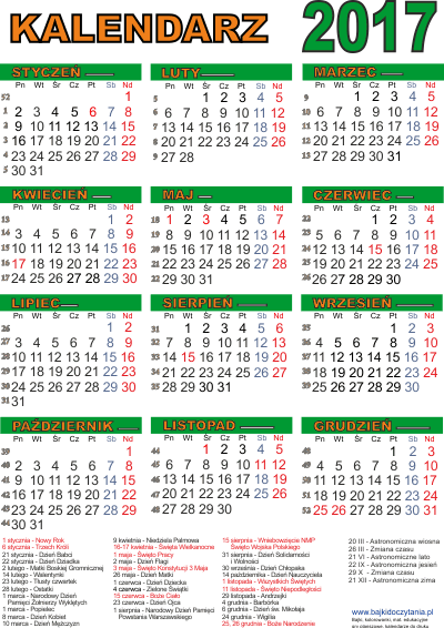 Kalendarz pionowy 2017 ze świętami i numerami tygodni