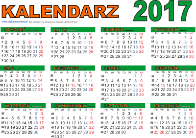 Kalendarz poziomy 2017 z numeracją tygodni