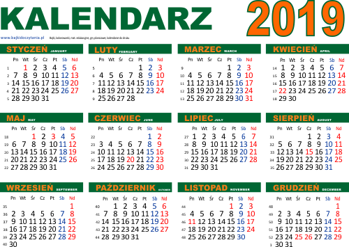 Kalendarz poziomy 2019 z numeracją tygodni