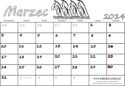 Kalendarz do drukowania na Marzec 2014