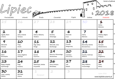 Kalendarz z imieninami na lipiec 2018