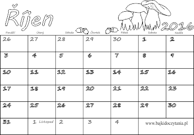 Kalendář k vytisknutí pro děti do barvy Říjen 2016