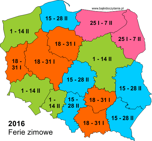 Ferie zimowe w Polsce z podziałem na województwa 2016