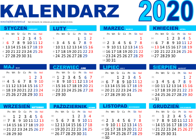 Kalendarz poziomy 2020 z numeracją tygodni
