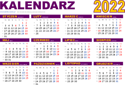 Kalendarz poziomy 2022 z numeracją tygodni
