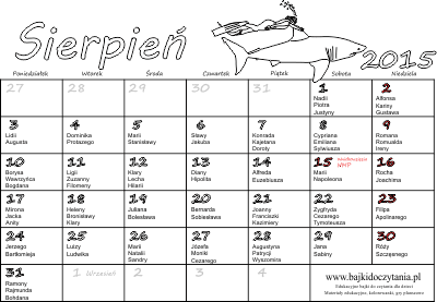 Kalendarz z imieninami na sierpień 2015