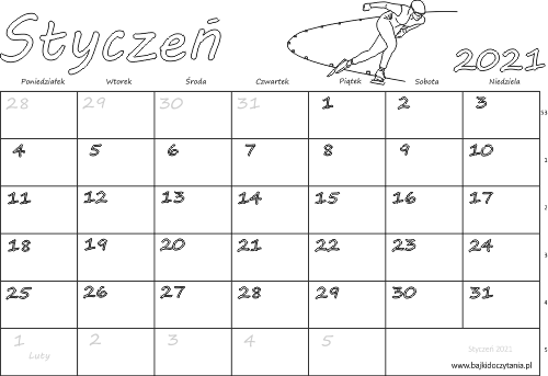 Kalendarz dla dzieci do kolorowania Styczeń 2021