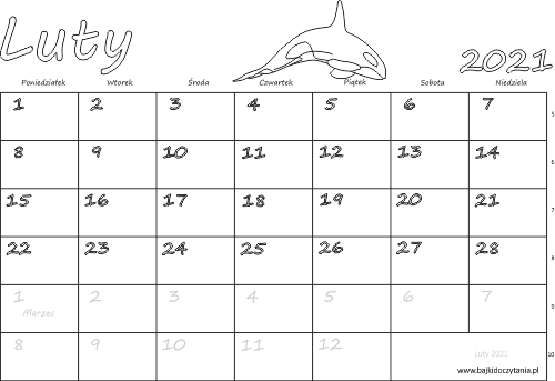 Kalendarz dla dzieci do kolorowania Luty 2021
