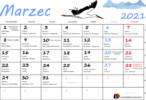 Kalendarz Marzec 2021 imieniny kolorowy bajkidoczytania.pl