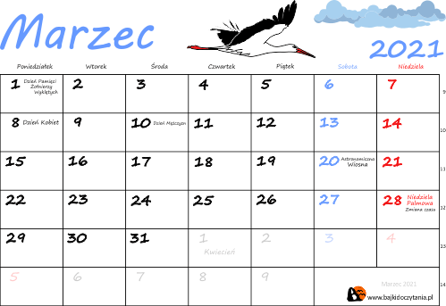 Kalendarz Marzec 2021 kolorowy bajkidoczytania.pl