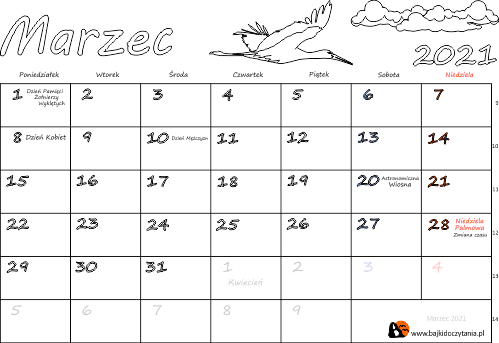 Kalendarz do drukowania na Marzec 2021