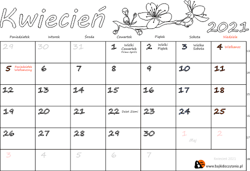 Kalendarz do drukowania na Kwiecień 2021