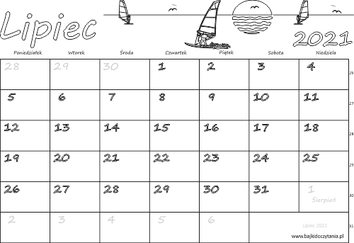 Kalendarz dla dzieci do kolorowania Lipiec 2021