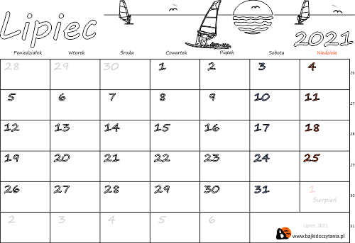 Kalendarz do drukowania na Lipiec 2021