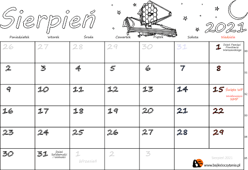 Kalendarz do drukowania na Sierpień 2021