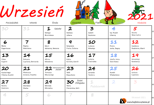 Kalendarz Wrzesień 2021 imieniny kolorowy bajkidoczytania.pl