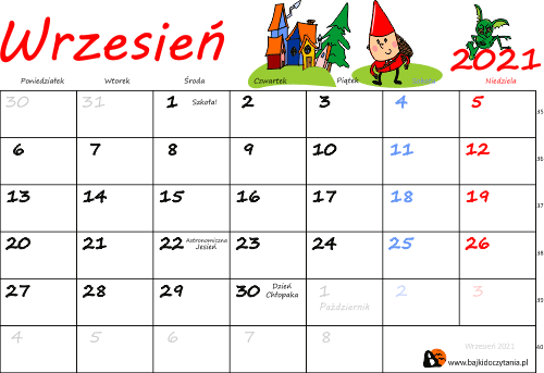 Kalendarz Wrzesień 2021 kolorowy bajkidoczytania.pl
