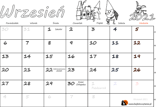 Kalendarz do drukowania na Wrzesień 2021