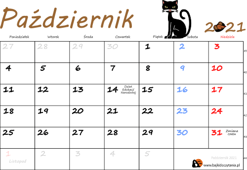 Kalendarz Październik 2021 kolorowy bajkidoczytania.pl