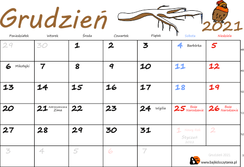 Kalendarz Grudzień 2021 kolorowy bajkidoczytania.pl