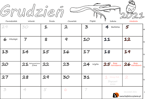 Kalendarz do drukowania na Grudzień 2021