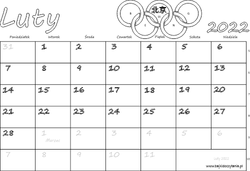 Kalendarz dla dzieci do kolorowania Luty 2022