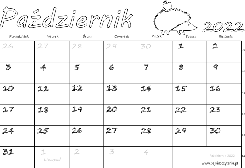 Kalendarz dla dzieci do kolorowania Październik 2022