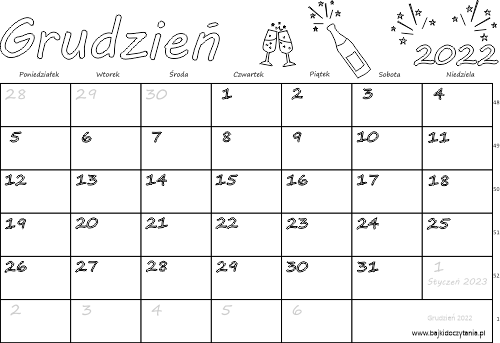 Kalendarz dla dzieci do kolorowania Grudzień 2022