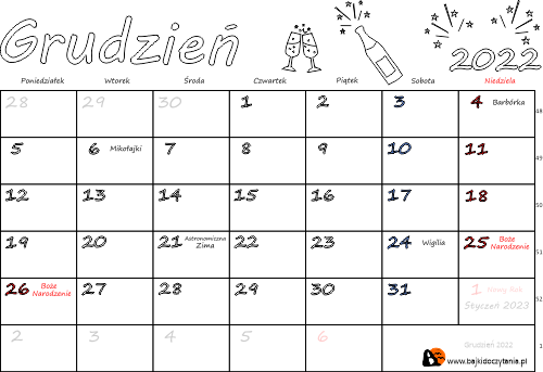 Kalendarz do drukowania na Grudzień 2022