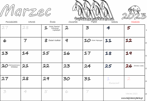 Kalendarz do drukowania na Marzec 2023
