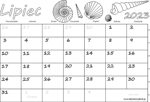 Kalendarz dla dzieci do kolorowania Lipiec 2023