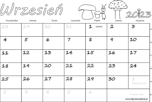 Kalendarz dla dzieci do kolorowania Wrzesień 2023