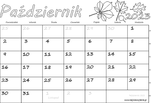 Kalendarz dla dzieci do kolorowania Październik 2023