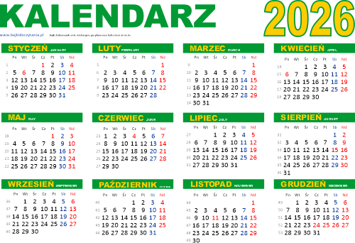 Kalendarz poziomy 2026 kolor PDF do druku za darmo Bajkidoczytania.pl