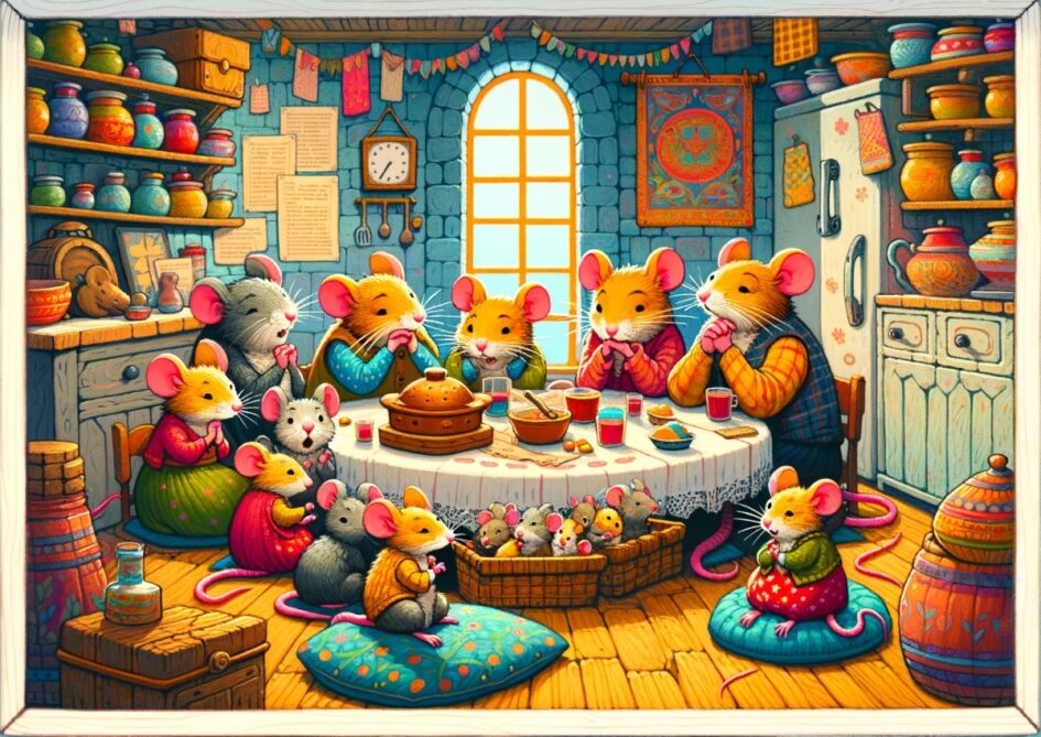 Ilustracja przedstawia liczną rodzinę myszy zebraną w jasnej, kolorowej kuchni lub spiżarni. Scena jest pełna życia, z intensywnymi kolorami podkreślającymi przytulne, rustykalne detale pomieszczenia. Myszy są różnorodnie zaangażowane, niektóre stoją, inne siedzą, wszystkie skupione wokół centralnej postaci, która wydaje się prowadzić naradę. Otaczają je typowe przedmioty kuchenne, być może resztki jedzenia i inne elementy sugerujące zamieszkałą przestrzeń. Atmosfera jest pełna poważnej deliberacji, a wyrazy twarzy myszy przekazują poczucie wspólnoty i determinacji. Całość ilustracji ma wesoły, animowany styl, ożywiając scenę z bajki żywą paletą i dynamicznymi detalami.