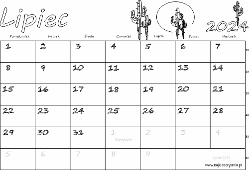 Kalendarz pdf na lipiec 2024 dla dzieci do druku