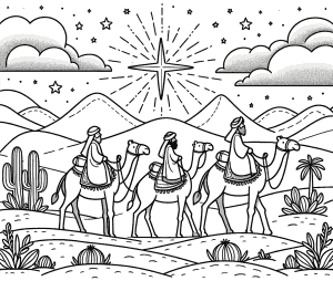 Na kolorowance przedstawieni są trzej mędrcy jadący na wielbłądach przez pustynię. Nad nimi jaśnieje wielka gwiazda, która pełni funkcję przewodnika. Krajobraz pustynny jest ubarwiony kaktusami i pagórkami, a na niebie widać chmury i mniejsze gwiazdki. Całość wykonana jest w prostych, czarno-białych konturach, idealnych do kolorowania dla dzieci.
