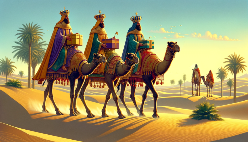 Trzej Królowie na wielbłądach jadą przez pustynię z prezentami.